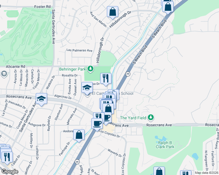 map of restaurants, bars, coffee shops, grocery stores, and more near 14518 Keating Drive in La Mirada