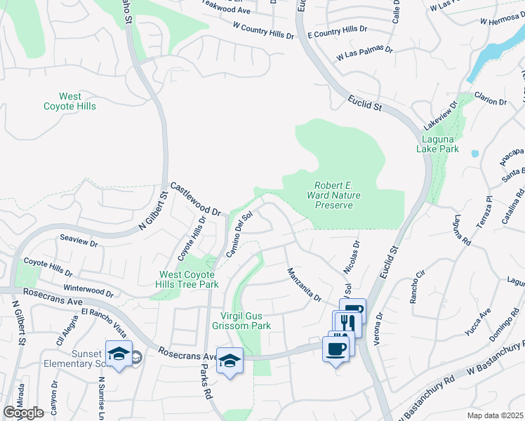 map of restaurants, bars, coffee shops, grocery stores, and more near 2581 Camino Del Sol in Fullerton