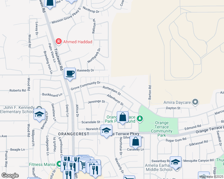 map of restaurants, bars, coffee shops, grocery stores, and more near 19728 Rotterdam Street in Riverside