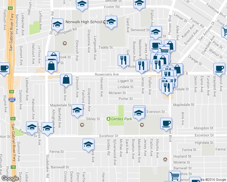 map of restaurants, bars, coffee shops, grocery stores, and more near 11421 McLaren Street in Norwalk