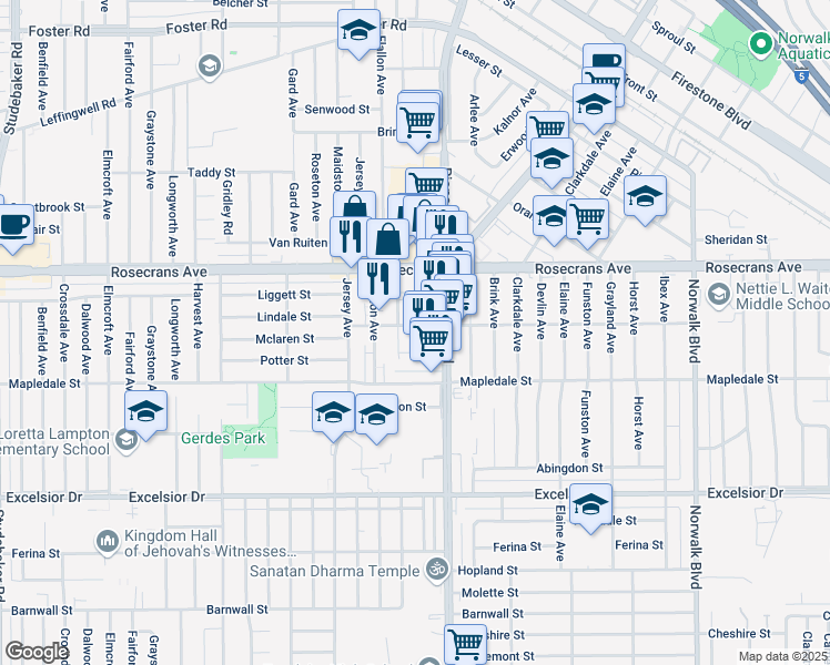 map of restaurants, bars, coffee shops, grocery stores, and more near 14407 Alburtis Avenue in Norwalk