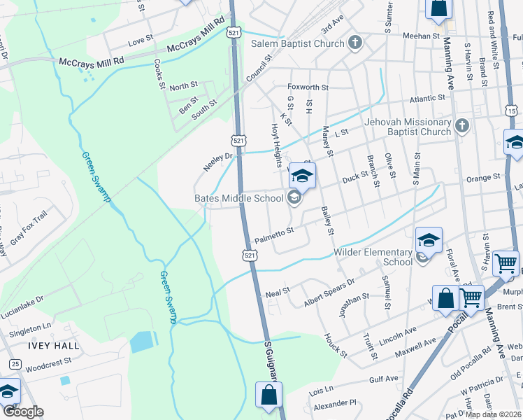 map of restaurants, bars, coffee shops, grocery stores, and more near 714 Estate Street in Sumter