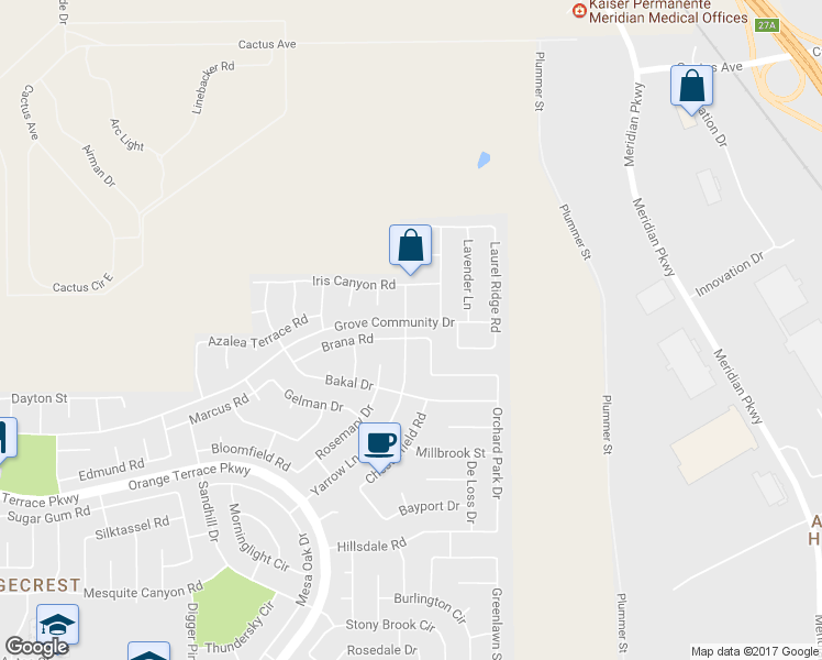 map of restaurants, bars, coffee shops, grocery stores, and more near 20800 Brana Road in Riverside