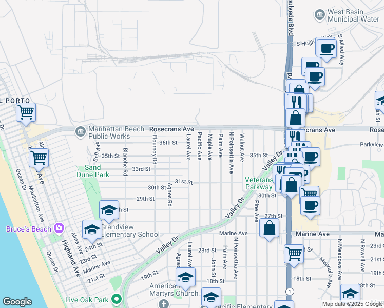 map of restaurants, bars, coffee shops, grocery stores, and more near 781 35th Street in Manhattan Beach