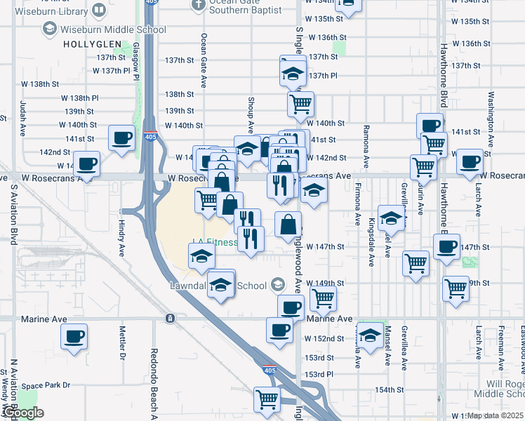 map of restaurants, bars, coffee shops, grocery stores, and more near 4881 West 145th Street in Hawthorne