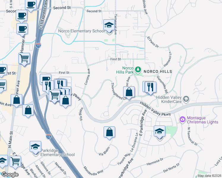 map of restaurants, bars, coffee shops, grocery stores, and more near 1104 Thoroughbred Lane in Norco