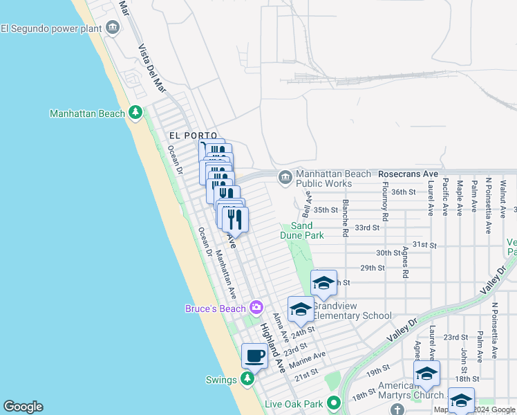 map of restaurants, bars, coffee shops, grocery stores, and more near 444 35th Street in Manhattan Beach