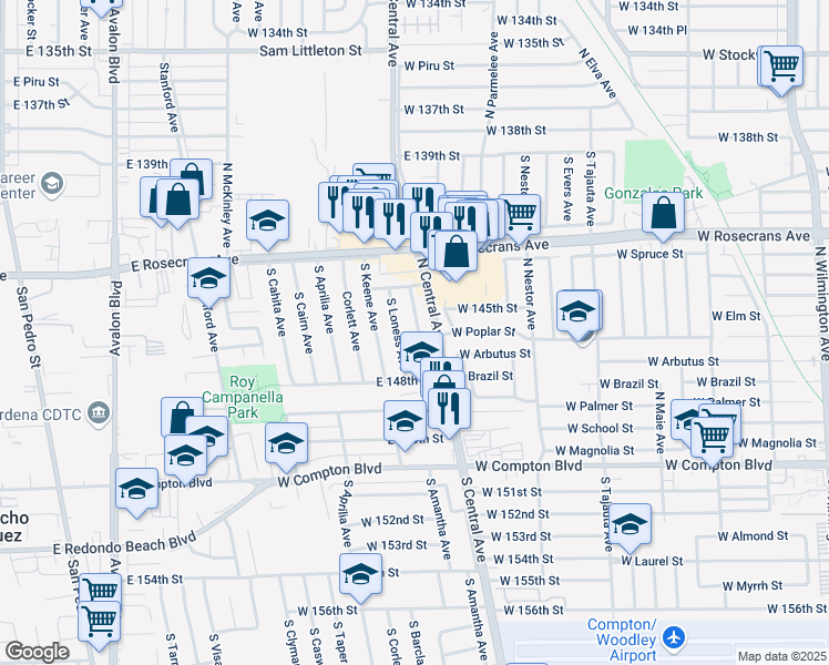 map of restaurants, bars, coffee shops, grocery stores, and more near 14524 South Loness Avenue in Compton