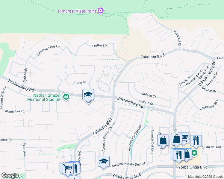 map of restaurants, bars, coffee shops, grocery stores, and more near 4156 Villa Pasado in Yorba Linda