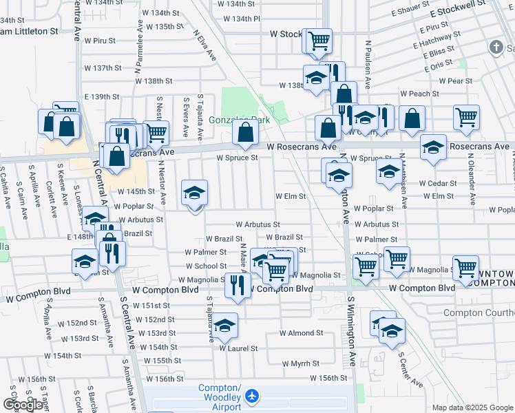 map of restaurants, bars, coffee shops, grocery stores, and more near 603 North Grandee Avenue in Compton