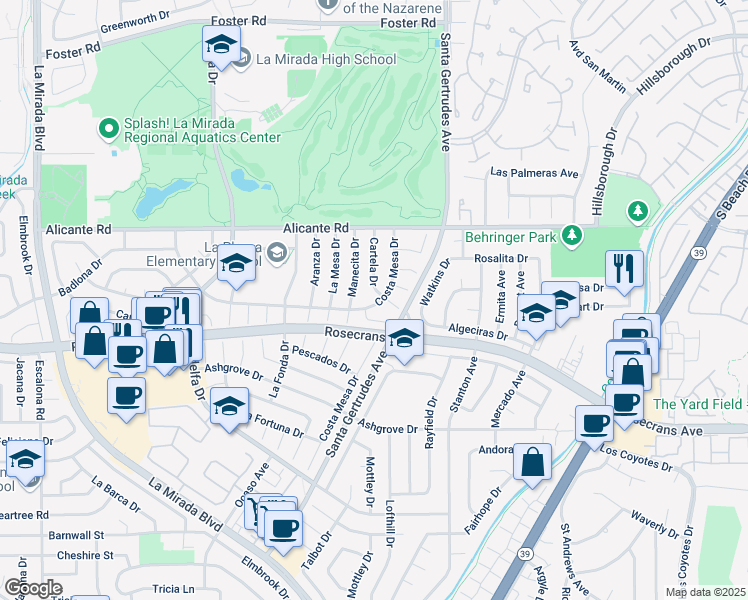 map of restaurants, bars, coffee shops, grocery stores, and more near 14511 Costa Mesa Drive in La Mirada