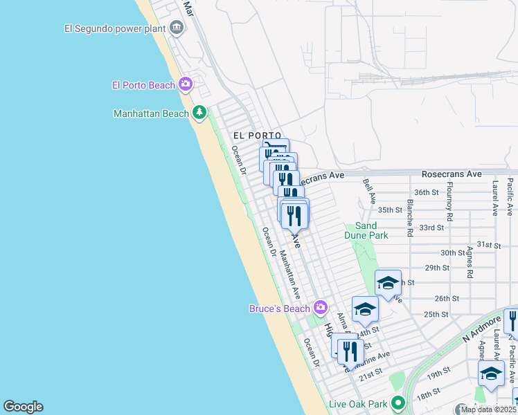 map of restaurants, bars, coffee shops, grocery stores, and more near 112 36th Street in Manhattan Beach