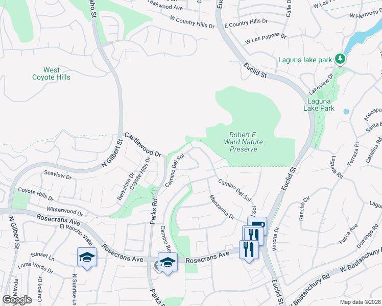 map of restaurants, bars, coffee shops, grocery stores, and more near 2581 Camino Del Sol in Fullerton