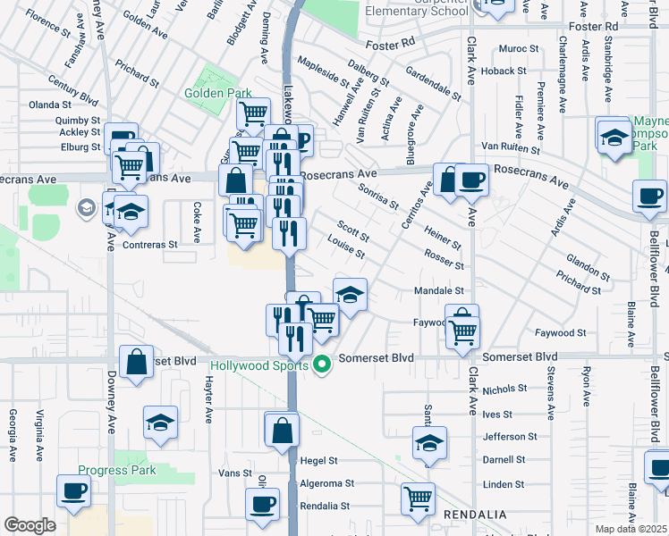map of restaurants, bars, coffee shops, grocery stores, and more near 9065 Jeff Street in Bellflower