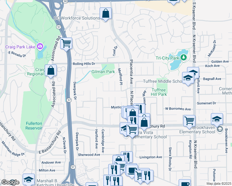 map of restaurants, bars, coffee shops, grocery stores, and more near 2484 Middlesex Place in Fullerton