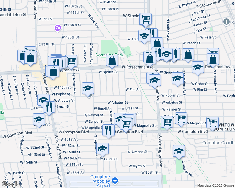 map of restaurants, bars, coffee shops, grocery stores, and more near 603 North Grandee Avenue in Compton