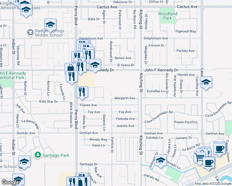 map of restaurants, bars, coffee shops, grocery stores, and more near 15185 Candice Court in Moreno Valley