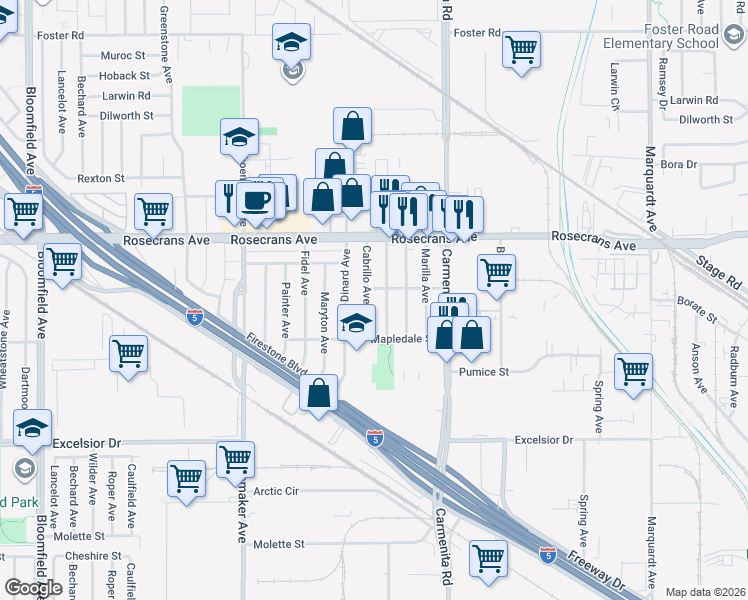map of restaurants, bars, coffee shops, grocery stores, and more near 14410 Cabrillo Avenue in Norwalk