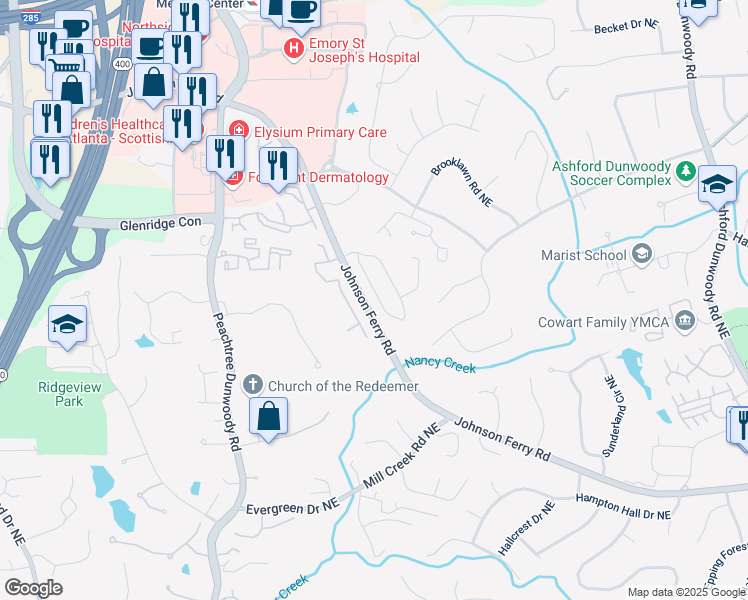 map of restaurants, bars, coffee shops, grocery stores, and more near 1182 Bluffhaven Way Northeast in Atlanta