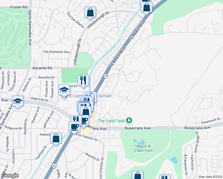 map of restaurants, bars, coffee shops, grocery stores, and more near 3109 Highlander Road in Fullerton