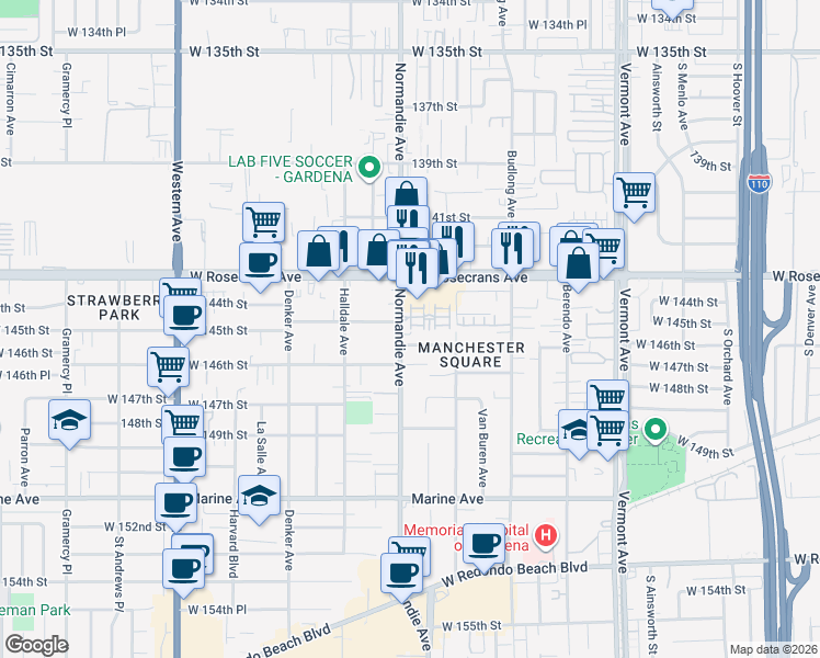 map of restaurants, bars, coffee shops, grocery stores, and more near 14404 Kiwi Lane in Gardena