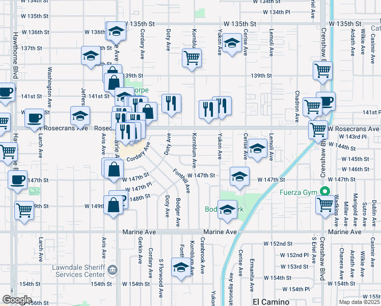 map of restaurants, bars, coffee shops, grocery stores, and more near 3711 West 145th Street in Hawthorne