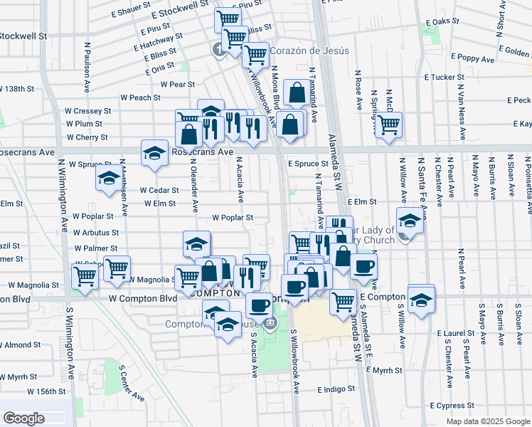 map of restaurants, bars, coffee shops, grocery stores, and more near 201 West Poplar Street in Compton