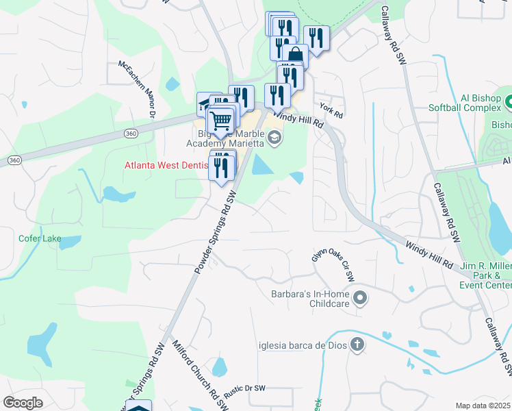 map of restaurants, bars, coffee shops, grocery stores, and more near 1646 Samantha Place in Marietta