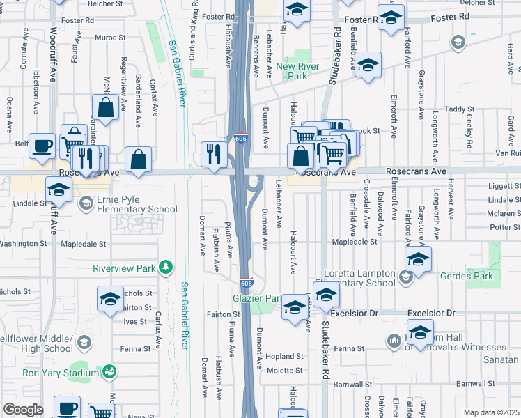 map of restaurants, bars, coffee shops, grocery stores, and more near 14423 Dumont Avenue in Norwalk
