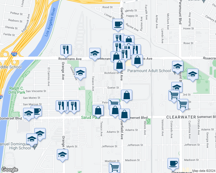 map of restaurants, bars, coffee shops, grocery stores, and more near 7303 Exeter Street in Paramount