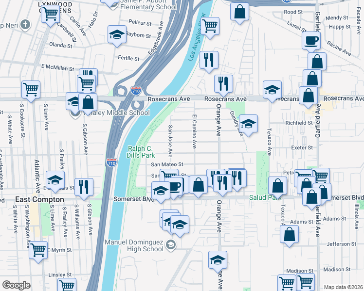 map of restaurants, bars, coffee shops, grocery stores, and more near 6626 San Miguel Street in Paramount