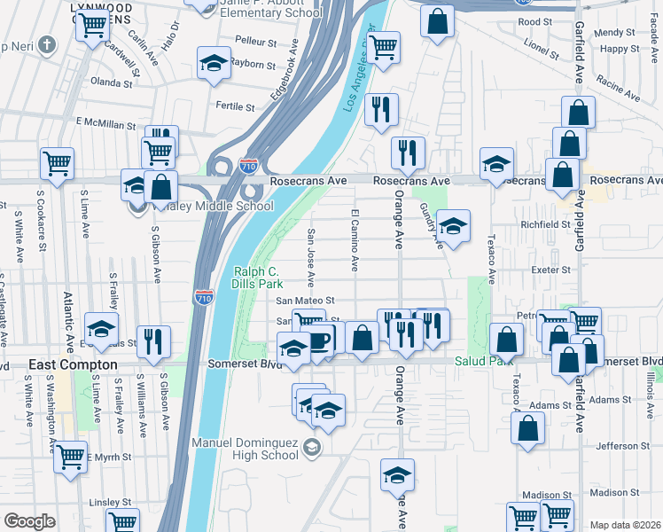 map of restaurants, bars, coffee shops, grocery stores, and more near 6626 San Miguel Street in Paramount