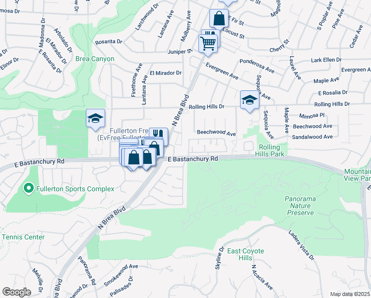 map of restaurants, bars, coffee shops, grocery stores, and more near 2708 Santiago Road in Fullerton