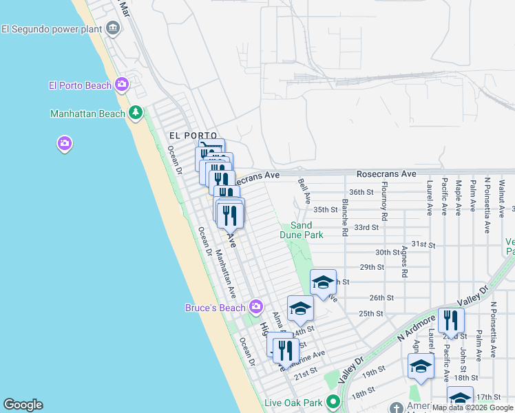 map of restaurants, bars, coffee shops, grocery stores, and more near 444 35th Street in Manhattan Beach
