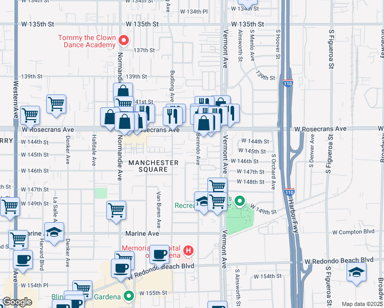 map of restaurants, bars, coffee shops, grocery stores, and more near 14429 Berendo Avenue in Gardena