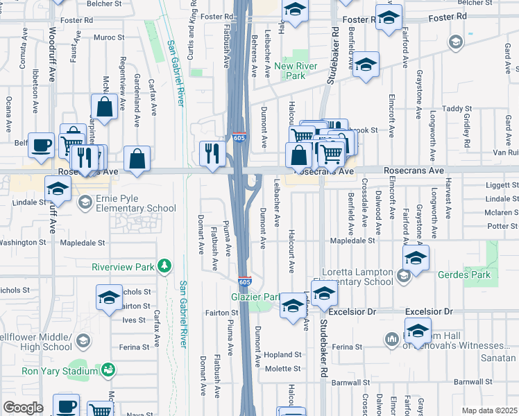 map of restaurants, bars, coffee shops, grocery stores, and more near 14423 Dumont Avenue in Norwalk