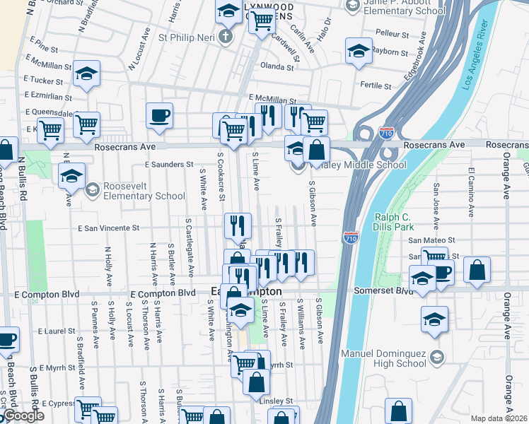 map of restaurants, bars, coffee shops, grocery stores, and more near 14630 South Lime Avenue in East Compton