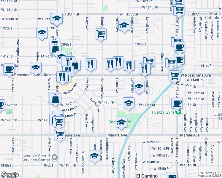 map of restaurants, bars, coffee shops, grocery stores, and more near 3637 West 145th Street in Hawthorne