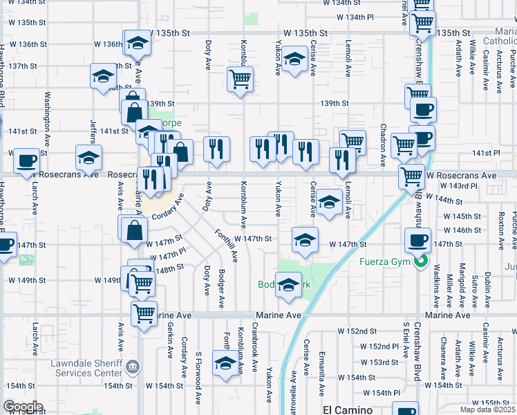 map of restaurants, bars, coffee shops, grocery stores, and more near 3637 West 145th Street in Hawthorne