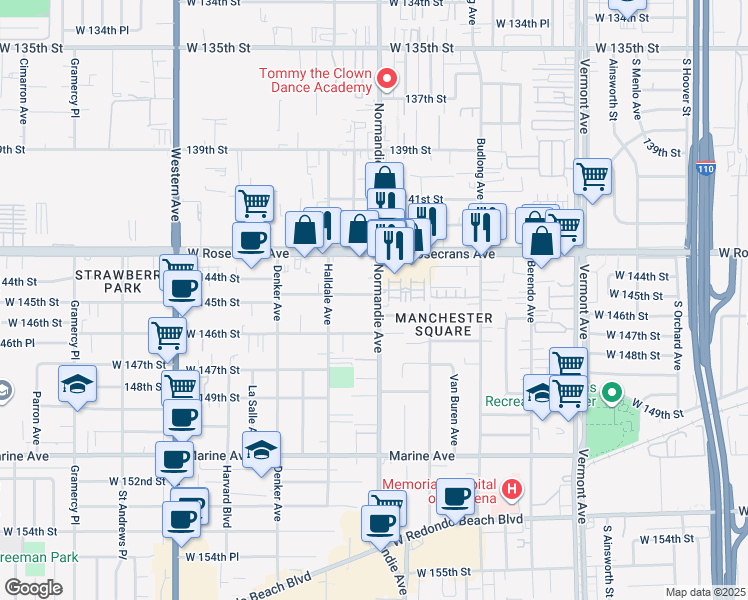 map of restaurants, bars, coffee shops, grocery stores, and more near 14503 Normandie Avenue in Gardena