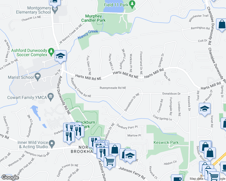 map of restaurants, bars, coffee shops, grocery stores, and more near 1575 Runnymeade Road Northeast in Atlanta