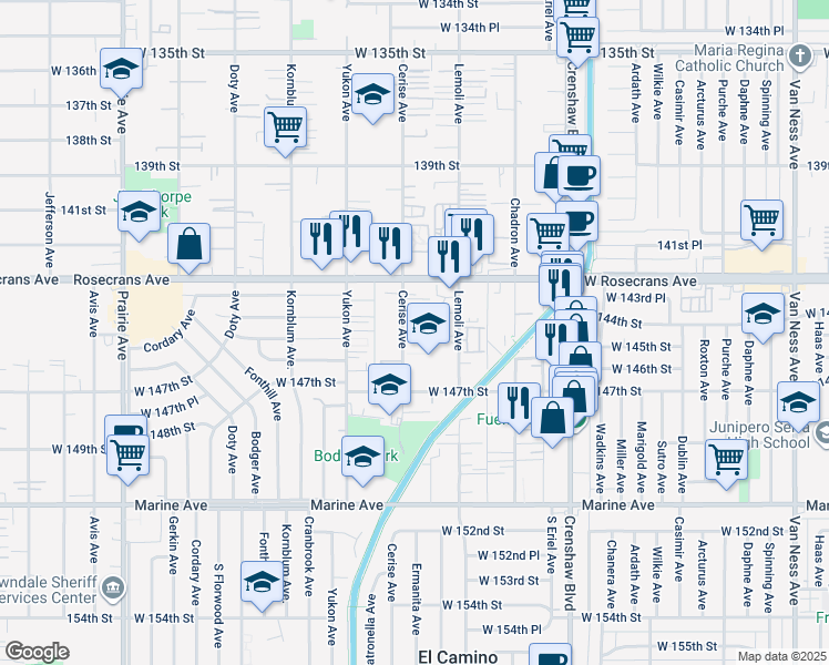 map of restaurants, bars, coffee shops, grocery stores, and more near 14428 Cerise Avenue in Hawthorne