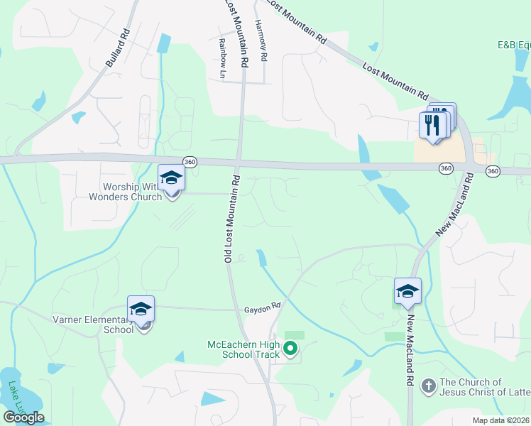 map of restaurants, bars, coffee shops, grocery stores, and more near 2219 Windermere Way in Powder Springs
