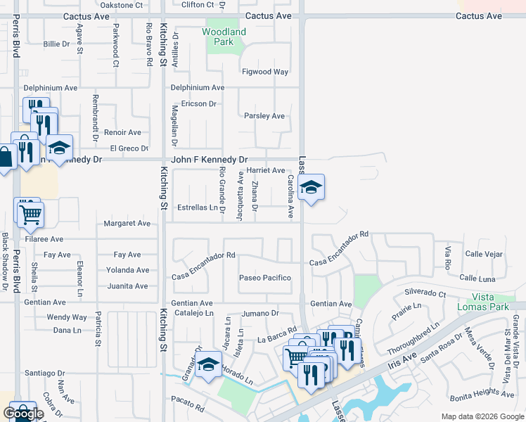 map of restaurants, bars, coffee shops, grocery stores, and more near 25848 Margaret Avenue in Moreno Valley
