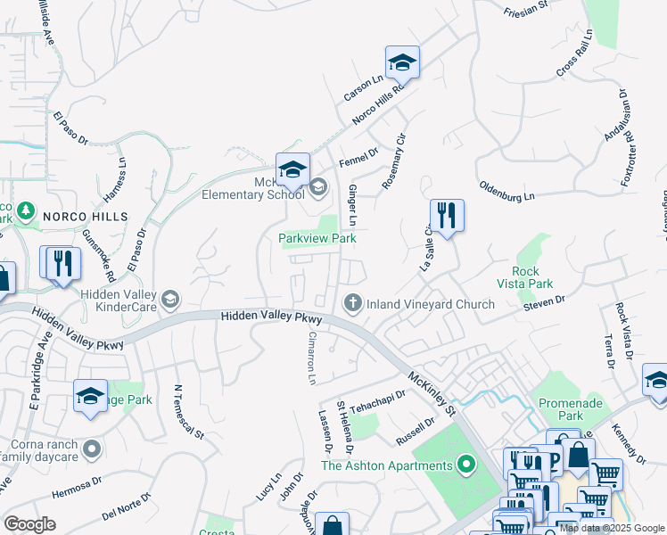 map of restaurants, bars, coffee shops, grocery stores, and more near 1020 Vista Del Cerro Drive in Corona
