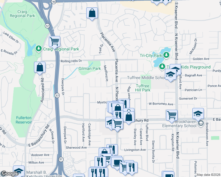 map of restaurants, bars, coffee shops, grocery stores, and more near 2510 Beacon Street in Fullerton