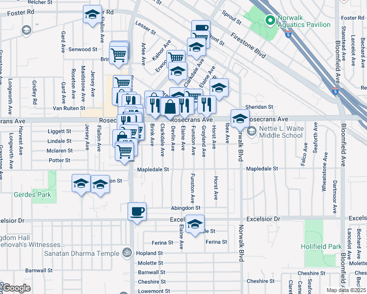 map of restaurants, bars, coffee shops, grocery stores, and more near 14412 Devlin Avenue in Norwalk