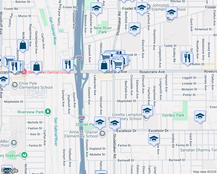 map of restaurants, bars, coffee shops, grocery stores, and more near 14434 Lefloss Avenue in Norwalk