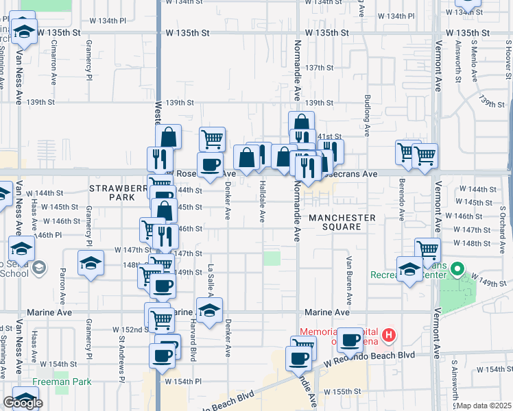 map of restaurants, bars, coffee shops, grocery stores, and more near 1522 West 145th Street in Gardena