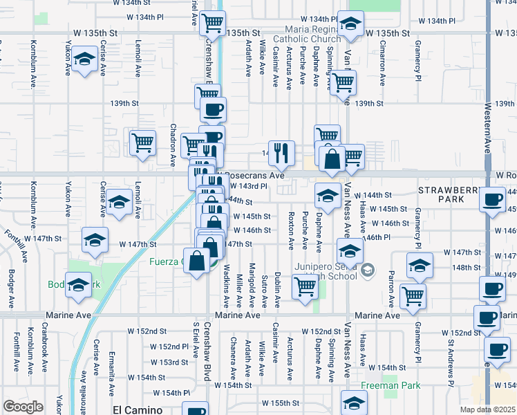 map of restaurants, bars, coffee shops, grocery stores, and more near 2623 West 145th Street in Gardena
